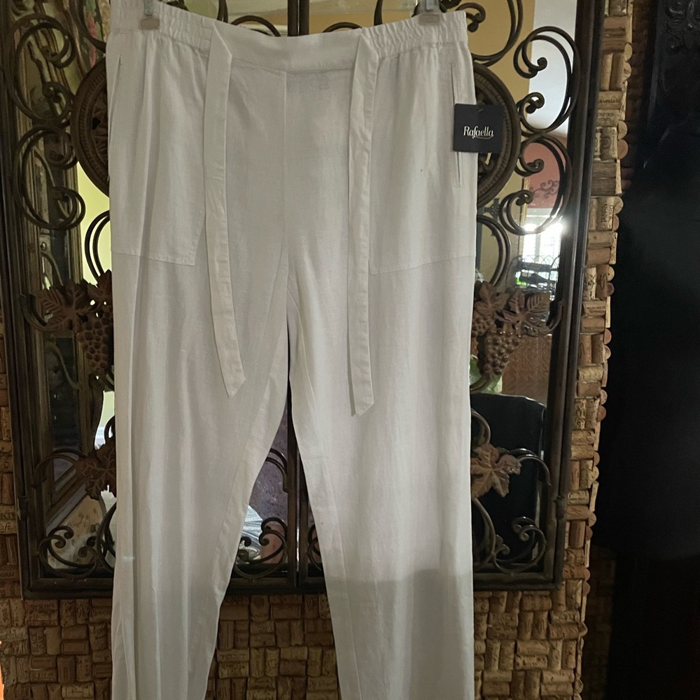 NWT Rafaella Ladies White Linen Slacks w Tie @ Waist Detail & Pockets SZ Large